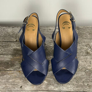 Women’s Navy Blue Slingback Block Heel Sandals Size 6 – Crisscross Straps, Stack
